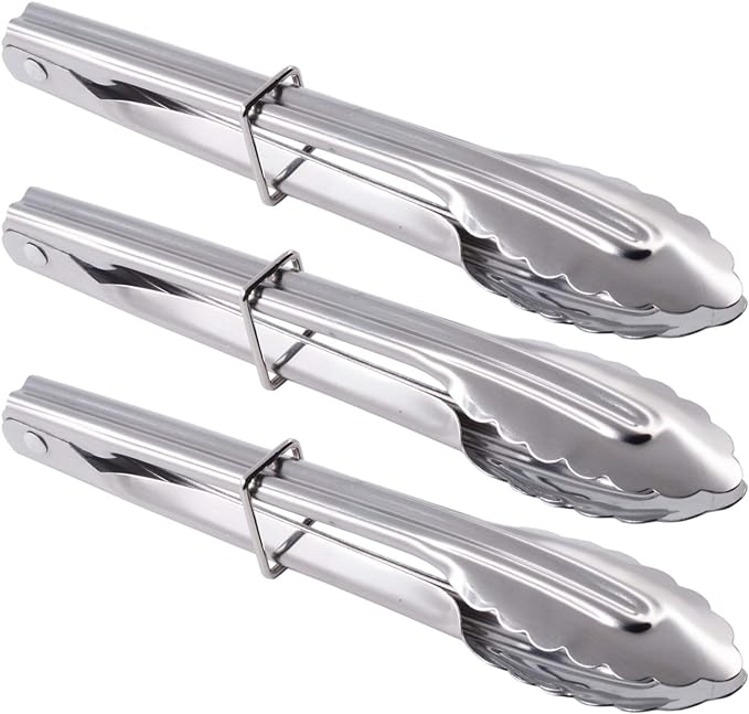 HINMAY 7-Inch Small Stainless Steel Serving Tongs, Set of 3 (Silver) | 7-Inch Mini Metal Salad Tongs