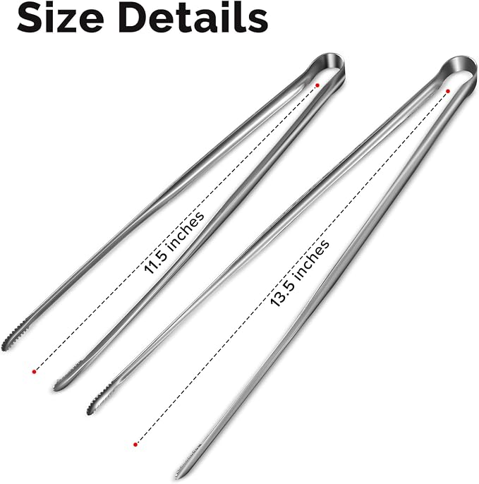 Precise Serrated Non-Slip Tips Cooking Tongs 2 Set (11.5" & 13.5") | Durable 18/8 Stainless Steel Metal Tweezers Tongs, Lightweight Easy Control for Frying, Plating, BBQ, Easy to Care & Clean