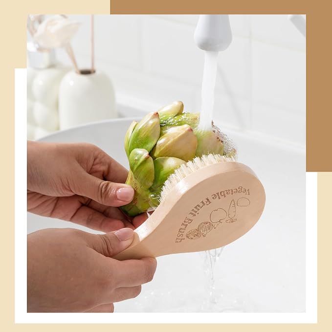 Vegetable Brush Set of 2, Natural Wooden Potato Scrubber for Cleaning