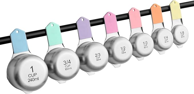 Spring Chef Magnetic Stainless Steel Measuring Cups Set of 7, Pastel | Patented Metal Measuring Cups for Measuring Dry or Liquid Ingredients, Easy to Read Markings, Dishwasher Safe Magnetic Cups