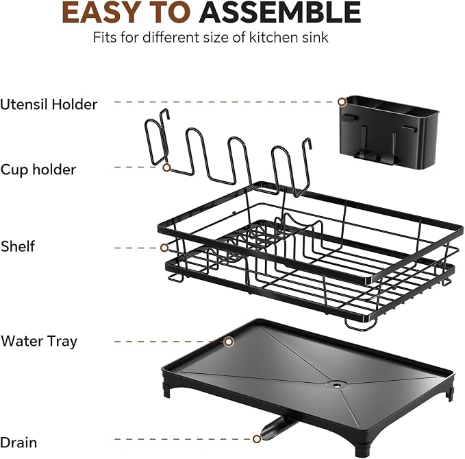 Simple Trending Dish Drying Rack for Kitchen Counter, Stainless Steel Dish Rack, Large Dish Drainer Organizer with Cutlery Holder & Cup Holders, Black