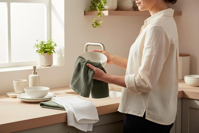 Sage White Dark Green Kitchen Dish Towels, Set of 3, 100% Cotton, 18" x 28" | Terry Loop Textured, Soft & Absorbent Cleaning Cloth, Quick Dry, Multipurpose for Everyday Use