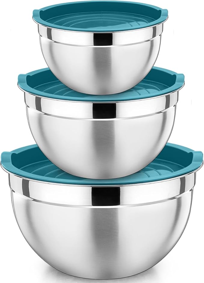 P&P CHEF Stainless Steel Mixing Bowls with Lids, Set of 3, Blue | Nesting Salad Bowl, Sturdy& Rust Proof, Airtight & Stackable, Suit for Mixing, Storing, Prepping, 3 Size - 4.6/3 /1.5 QT