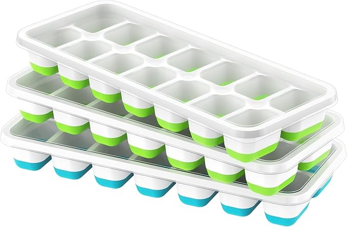 ChefAide Ice Cube Tray with Lid, 3 Pack 42 Cubes Durable Stackable Ice Cube Trays for Freezer with Removable Lids, Easy-Release Plastic & Silicone Ice Tray for Cocktail, Coffee