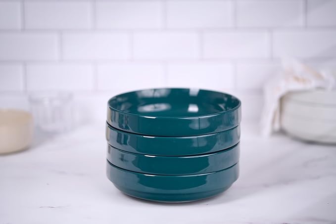 KooK Pasta Bowl, Bowl Plate, Low Bowl, Plate Bowls, Ceramic Large Shallow Bowls, Microwave and Dishwasher Safe, Great for Soups and Salads, Glossy Porcelain, 47 oz, Set of 4, Teal
