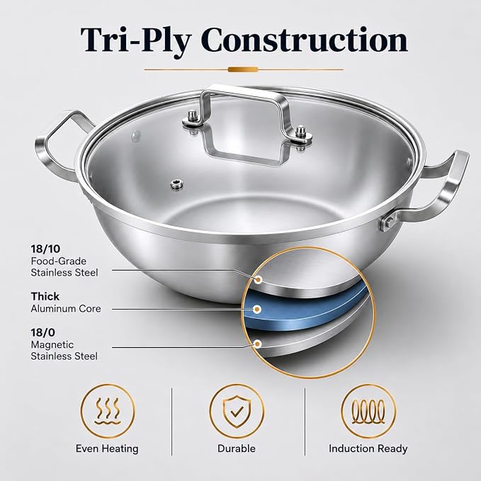 Delarlo Tri-Ply Stainless Steel 12 inch Everyday Pan with Glass Lid, Deep Saute Pan, Kitchen Everything Pan, High Side Chef's Pans, Induction Cooking Pot, Dishwasher Safe, 4QT Stock Pot Up To 600℉