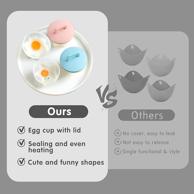 Egg Poacher Cups, 4 Pcs Poached Egg Cooker, Gray | 4 reusable egg molds with lid & brush, 4 shapes, easy release, for boiled eggs without shell