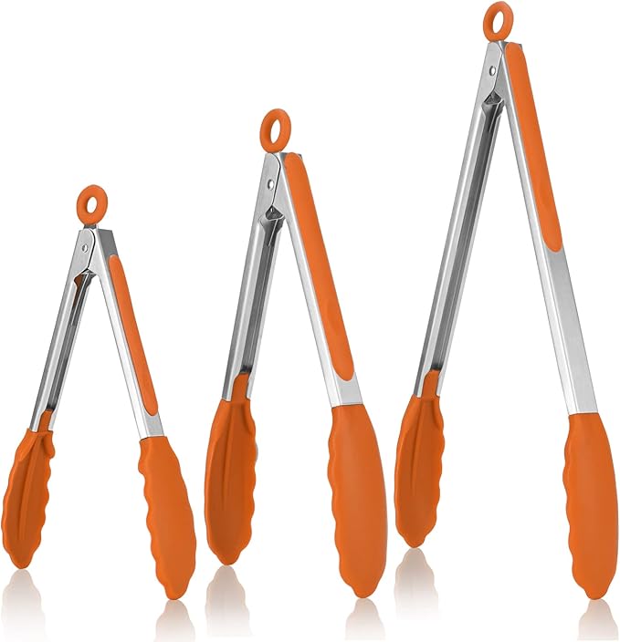 U-Taste Kitchen Tongs for Cooking, 600ºF Heat-Resistant Tps, 3Pcs/Orange | Silicone Tong Set 7/9/12in, Salad/Grill/BBQ Plastic Tongs for Food Serving, Rubber Thong with 18/8 Stainless Steel Handle