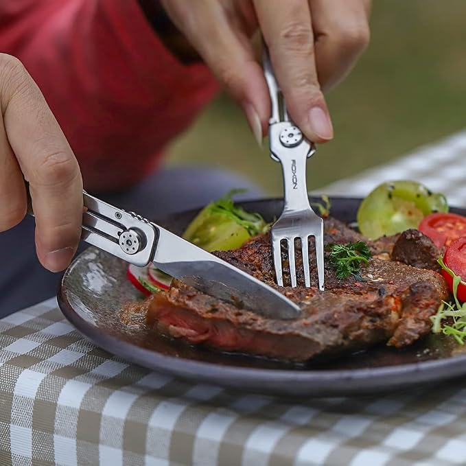 ROXON 3-in-1 Knife Spoons Fork Camping Utensils Set with Case | Magnetic Folding, Stainless Steel Cutlery, EDC Portable Lightweight Silverware,For Hiking Backpacking Travel Lunchbox Outdoor