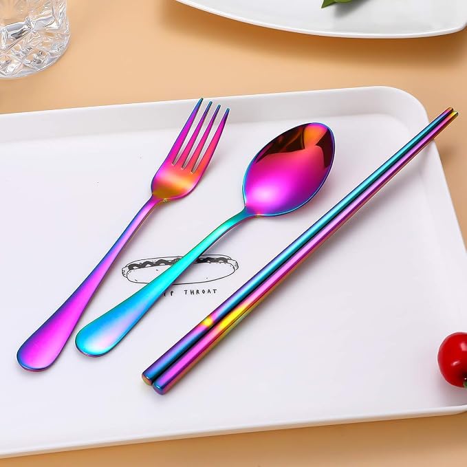 Travel Utensils,Reusable Silverware Set To Go Portable Cutlery Set with a Waterproof Carrying Case for Lunch Boxes Workplace Camping Picnic (Rainbow)