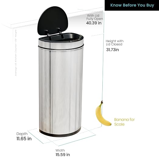 Home Zone Living 16 Gallon Motion Sensor Trash Can with Automatic Lid | Stainless Steel with Touch Control Lid, Hands-Free Operation for Kitchens, Flat Back Semi-Round Shape, Silver