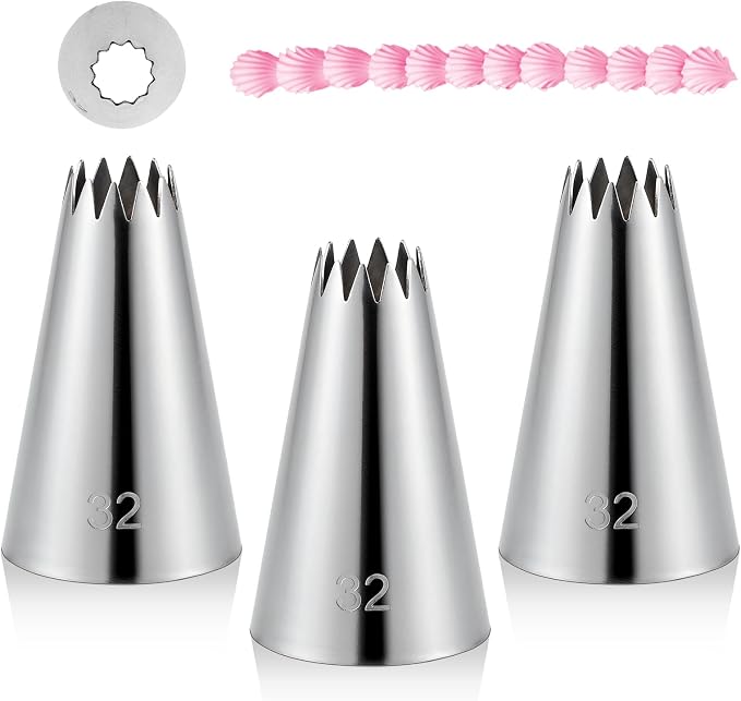 3 Pieces #32 Cake Piping Tip Open Star Icing Tip Seamless Icing Tips Stainless Steel Cupcake Piping Tips for Frosting Macarons Dessert Cake Decorations, Sliver