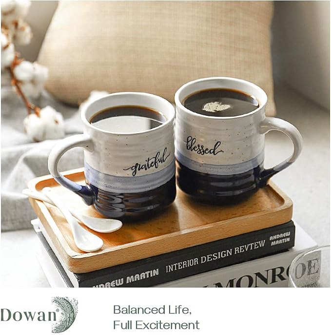 DOWAN 20 oz Coffee Mugs, Large Mugs with Word Blessed Grateful, Porcelain Coffee Cup, Thank You Gifts for Mom Dad, Set of 2