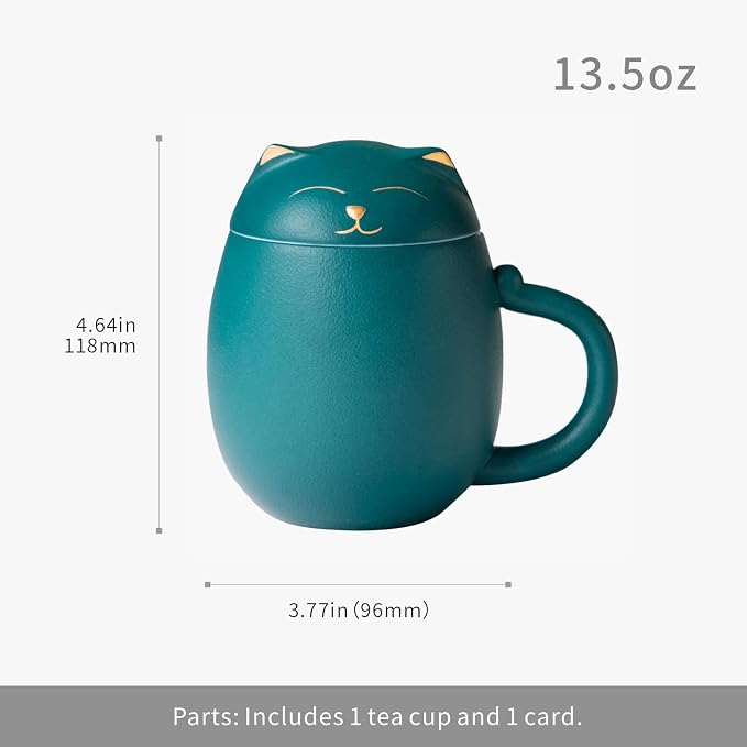 HEER Cat Ceramic Tea Mug 13.5oz with Infuser and Lid, Green | Cat Lover & Cat Mom Birthday Gift for Women, Perfect for Loose Leaf Tea, Tea Strainer Cup for Home & Office Use