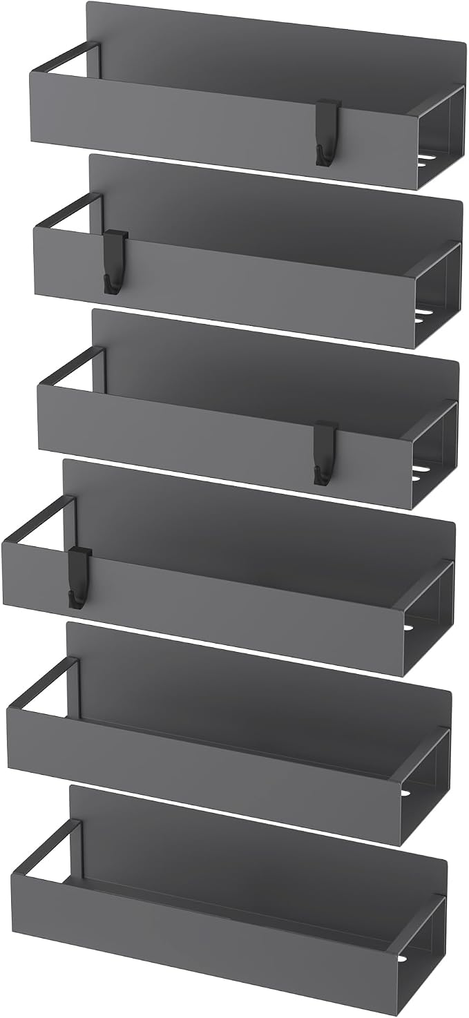Metal Magnetic Spice Rack for Refrigerator Dark Gray, 6 Pack | Magnetic Shelves Heavy Duty for Fridge in Kitchen, Seasoning Storage Organizer, For Oven Washer and Dryer, For Heavier Items