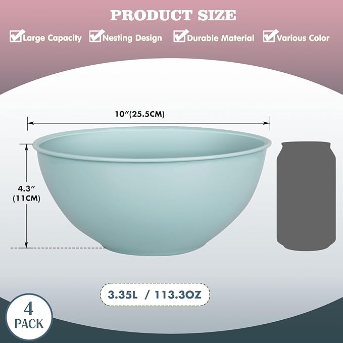 Greentainer 4-Piece Plastic Mixing Bowl Set, 113oz Lightweight Serving Bowls, Large Salad Bowls for Baking,Prepping, Cooking and Serving Food, Dishwasher & Microwave Safe