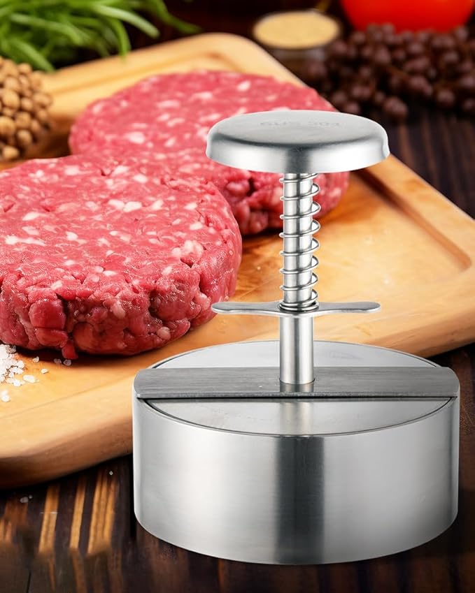 Brigii Burger Press, 5.5" 304 Stainless Steel Hamburger Press Patty Maker | Spring back design, thickness guide 100g-400g, easy release, no coating, no rust, dishwasher safe, for ground beef patties