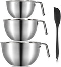 3 Pieces 304 Stainless Steel Mixing Bowls, 1.3/2.1/2.6 Quart Mixing Bowl Set with Handle, Pour Spouts & Measurement Marks, Metal Nesting Bowls with Silicone Spatula for Baking Cooking