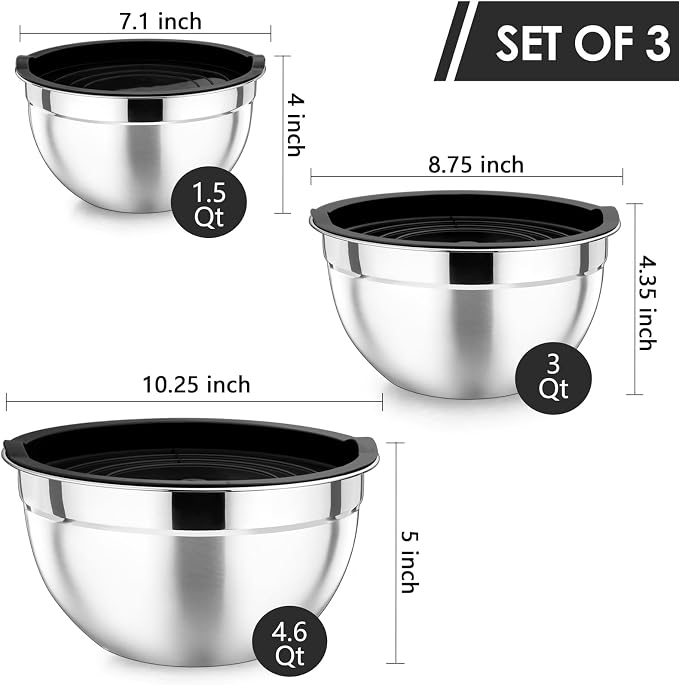 P&P CHEF Stainless Steel Mixing Bowls with Lids, Set of 3, Black | Nesting Salad Bowl, Sturdy& Rust Proof, Airtight & Stackable, Suit for Mixing, Storing, Prepping, 3 Size - 4.6/3 /1.5 QT