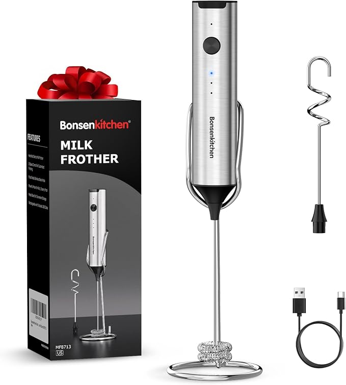 Bonsenkitchen Rechargeable Milk Frother with Stand, 3-Speed Handheld Coffee | Dual Spring Whisk Electric Hand Frother Wand Drink Mixer for Lattes Cappuccino Protein, Kitchen Gifts
