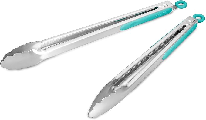 304 Stainless Steel Kitchen Cooking Tongs, 12 & 14", Set of 2, Aqua Sky | Locking Food Tongs with Non-slip Grips and Hanging Loops for Cooking, Grilling, BBQ and Serving, Dishwasher Safe
