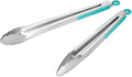 304 Stainless Steel Kitchen Cooking Tongs, 12 & 14", Set of 2, Aqua Sky | Locking Food Tongs with Non-slip Grips and Hanging Loops for Cooking, Grilling, BBQ and Serving, Dishwasher Safe