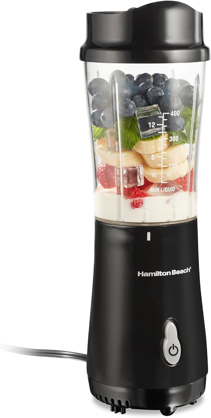 Hamilton Beach Portable Blender for Smoothies With 14 oz. Travel Jar | BPA Free Jar & Lid | Durable Stainless Steel Blades | 300 Watts Peak Power | Personal Smoothie Blender | Black | 51101AG