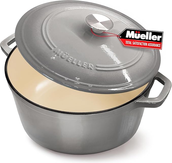 MUELLER HOME 7.5 QT Enameled Cast Iron Dutch Oven, Heavy-Duty, Oven-Safe up to 500° F & Across All Cooktops, Casserole Dish and Braiser Pan with Lid and Stainless Knob, Grey | Heavy-Duty, Oven-Safe up to 500° F, All Cooktops Compatible, Casserole Dish ...