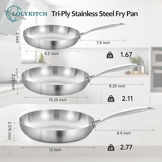 LOLYKITCH 8-10-12 Inch Frying Pan Set | Tri-Ply Stainless Steel Skillet | Fast & Even Heating | Stay-Cool Detachable Handle | Dishwasher and Oven Safe | Induction Ready | For Modern Home Kitchens