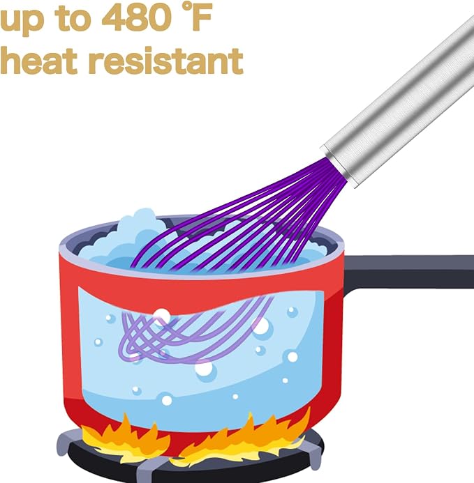 OYV Purple Silicone Whisk Set of 3, 8/10/12 Inch, Non-Scratch | Nonstick-Safe, BPA-Free Silicone, Heat Resistant Up to 480°F, Stainless Steel Core, Dishwasher Safe, Easy to Clean
