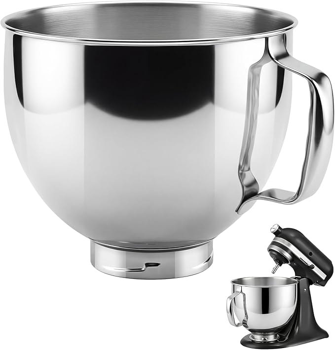 5 QT Food Grade Stainless Steel Mixing Bowl Compatible with KitchenAid | Tilt-Head Stand Mixer 4.5-5 Quart, Replacement Kitchen Aid Bowl with Handle & Clasp, Dishwasher Safe