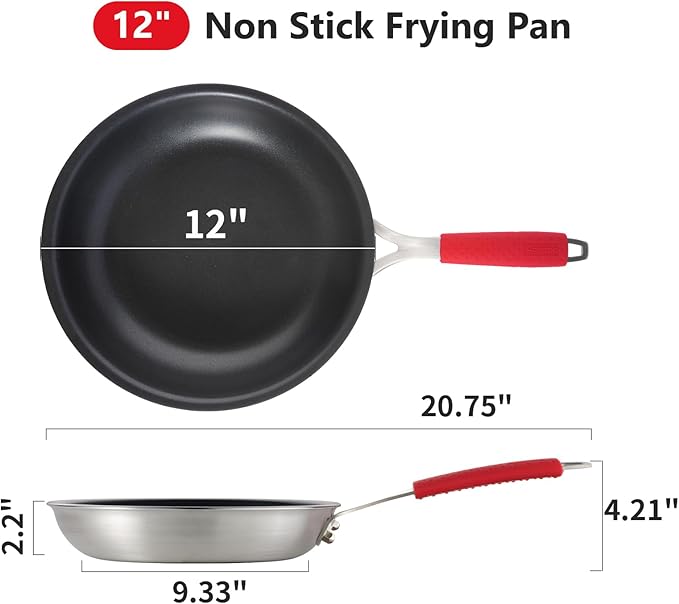 12 Inch Nonstick Frying Pan, Tri-Ply Clad Stainless Steel Skillet with Reinforced Coating, Detachable Handle with Sleeve, Dishwasher & Oven Safe, Induction Compatible, PFOA-Free Fajita Pans