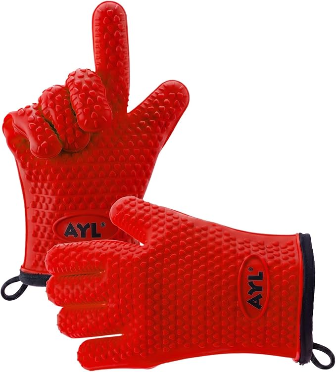 AYL Silicone Smoker Oven Gloves - Extreme Heat Resistant BBQ Gloves - Handle Hot Food on Your Grill, Pit & Turkey Fryer | Waterproof Meat Handling Mitts with Cotton Layer | Ultimate Set + Bonuses