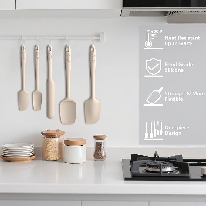 Coukre Silicone Spatula Set of 5,High Temperature Resistant, Food Grade Silicone, Dishwasher Safe, for Baking, Cooking (Pure Beige)