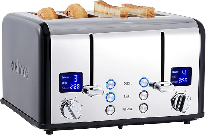 CUSIMAX 4 Slice Stainless Steel Toaster with Digital Display, Black | LED Display with Countdown Timer, 6 Browning Levels, Bagel/Defrost/Cancel, Dual Independent Controls, 1.5" Extra Wide Slots