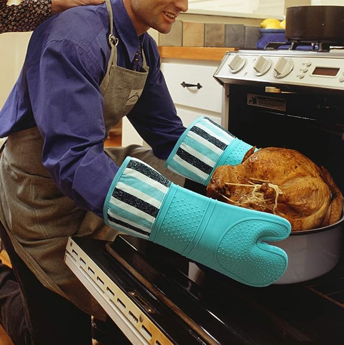 Heat Resistant 550 Degree Oven mitt, Silicone Oven Hot Mitts - 1 Pair | Extra Long Professional Baking Oven Gloves - Food Safe,Pot Holders Cooking,Grilling,Kitchen (Blue Mittens)