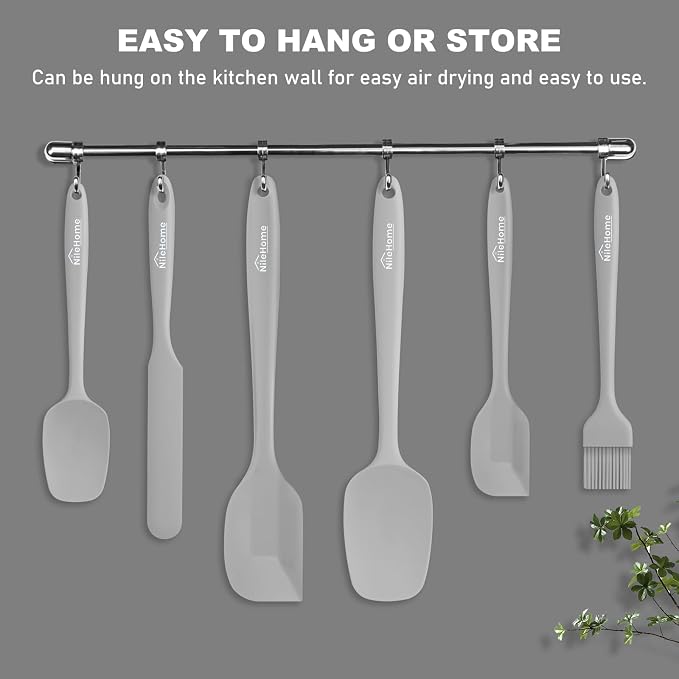 NileHome Silicone Spatula Set, 6 Pieces Food Grade Kitchen Utensils with Silicone Brush Heat Resistant Up to 600°F Dishwasher Safe BPA-Free Rubber Spatula for Scraping, Baking, Cooking, Mixing-Grey