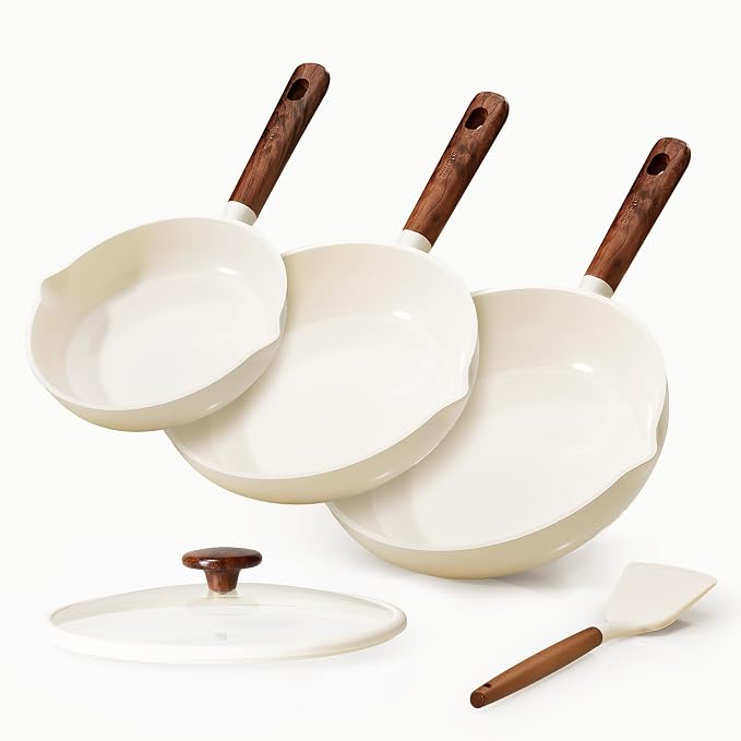 CAROTE Nonstick Frying Pans Skillets, 5 PCS Ceramic Coating Pans Set | Non-toxic Healthy & PFOA Free, Induction Compatible, 8+9.5+11 Inch with Colander Lid and Spatula, Cream White