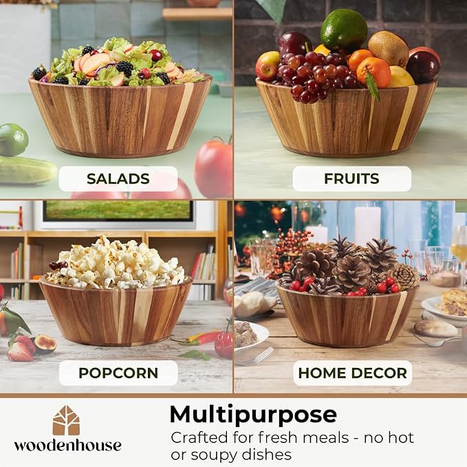 Wooden Salad Bowl Set of 3, Round 12" 10" 8" Wood Bowls for Serving Food | Rustic handcrafted trio in large, medium and small; warm natural tones for mixing, popcorn and table decor