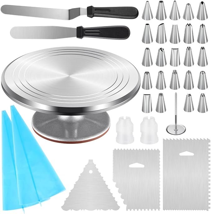 Kootek 35 Aluminum Cake Decorating Kit, Baking Tools for Beginners & Pros | Starter Kit, Baking Supplies Tools with Cake Stand Turntable for Decorating, 24 Icing Piping Tips, 2 Spatulas, 2 Piping Bags