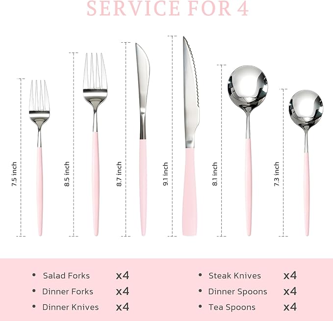 Astercook Silverware Set with Steak Knives 24-Piece Flatware Set for 4 Food-Grade Stainless Steel Pink Cutlery Set Mirror Polished Utensils Set Include Spoons and Forks for Home Kitchen Restaurant