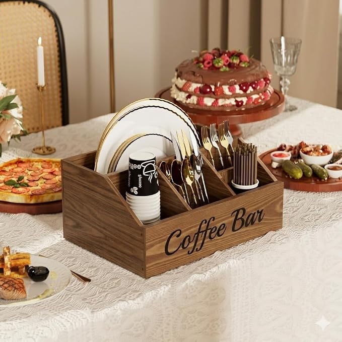 2 Pack Coffee Station Organizer for Countertop – Wooden Coffee Bar Organizer with Adjustable Dividers,Holds K Cup Pod & syrup bottles, for Kitchen, Office, or Bar and Tea Station, Brown