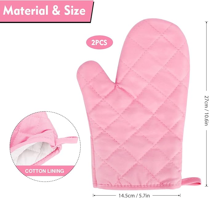 Heat Resistant Thick Cotton Oven Mitts Set, 11 Inch, Pink | Soft Quilted Lining, Strong Grip Potholders for Hot Pans and Oven, Kitchen Mitt Pair Protect Hands, Cooking Baking BBQ Gloves