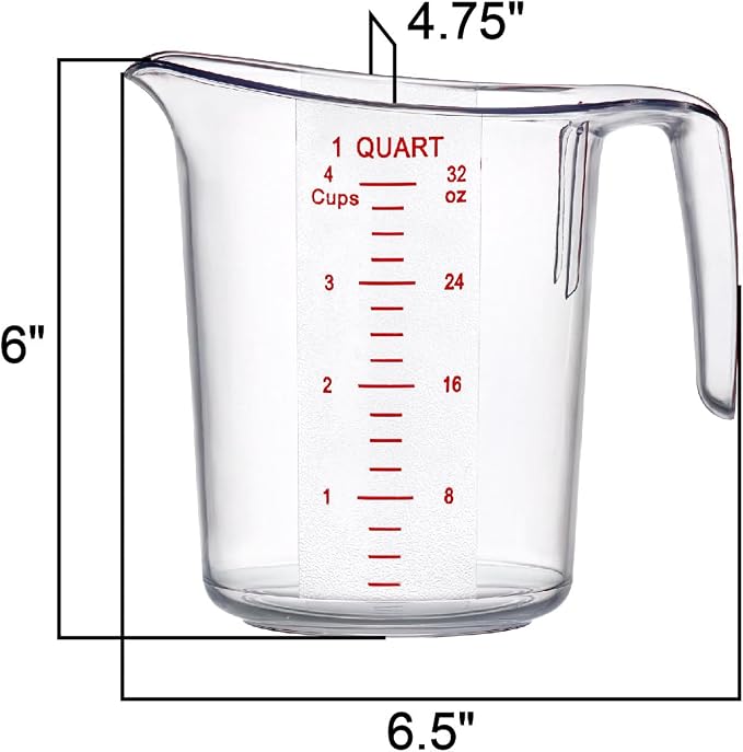 Melissa - 32-Ounce Plastic Measuring Pitcher (1-Pack), 4-Cup (1-Quart) Food-Grade Measuring Jug, Unbreakable, Stackable, Dishwasher-Safe, Great for Oil, Vinegar, Flour, and More