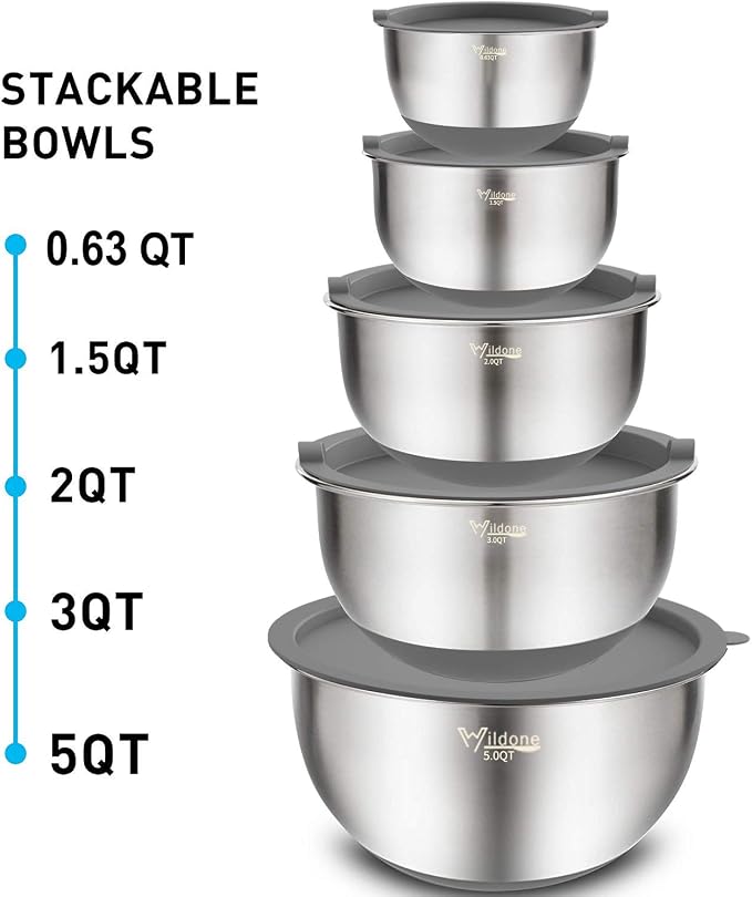 Wildone Mixing Bowls with Airtight Lids Set, 5PCS Stainless Steel Nesting Bowls Set for Kitchen, with Grater Attachments & Non-Slip Bottoms, Size 5, 3, 2, 1.5, 0.63 QT, Great for Baking & Serving