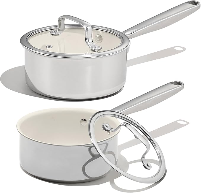 CAROTE 1.5Qt & 3Qt Stainless Steel Saucepan Set, Ceramic Pot Sets Non-Stick Non-Toxic Kitchen Cookware, Small Cooking Pots with Lids, Oven Safe, Induction Sauce Pan, Even Heating