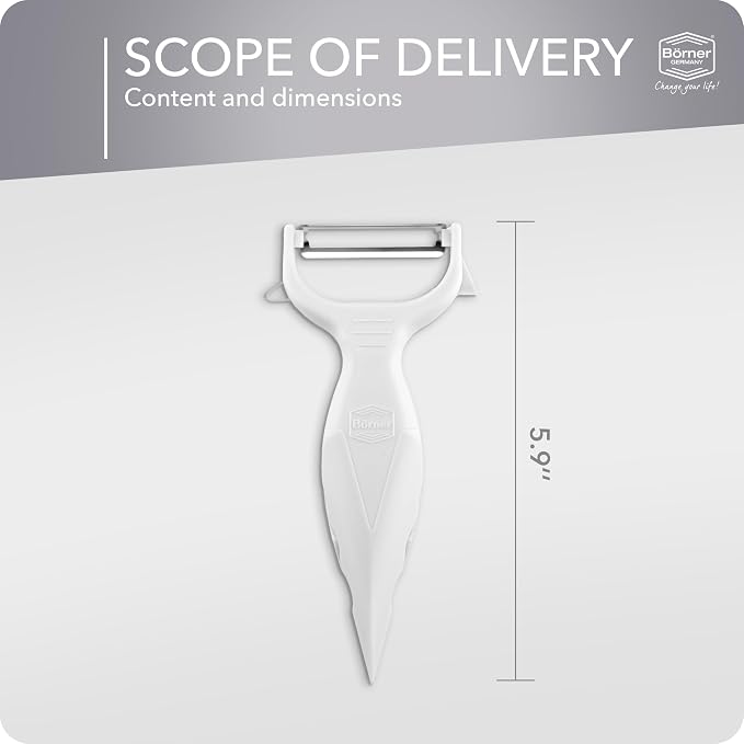 Borner 6-in-1 Fruit and Vegetable Peeler with Stainless Steel Double-Edged Blade, Multi function with Corer, Potato Eye Remover and Mini Grater, Made in Germany, White