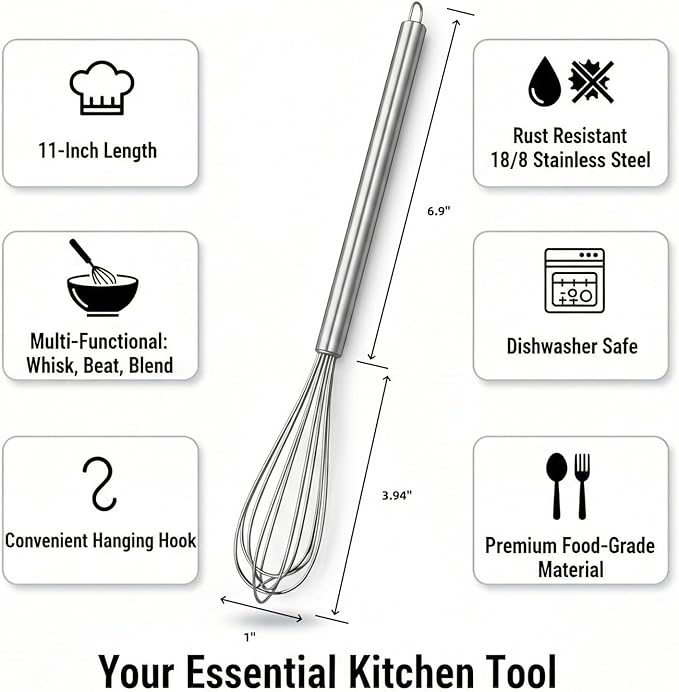 11-Inch Slim French Whisk, Small Whisk, 18/8 Stainless Steel, Long Handle | Thin Mini Wire Whisk Fits Mason Jars and Tumblers; for Eggs, Sauces, Dressings, Coffee and Protein Drinks; Dishwasher Safe