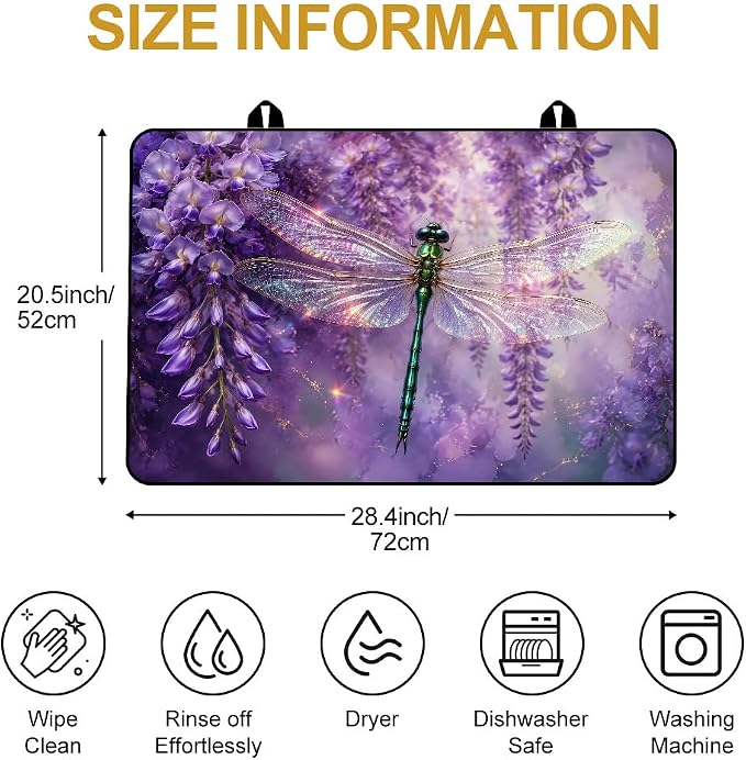 Dragonfly Wisteria Stove Top Cover for Electric Gas Glass Stove | Purple dragonfly wisteria kitchen decor; non-slip stovetop cover, glass cooktop noodle board, whimsical floral counter mat