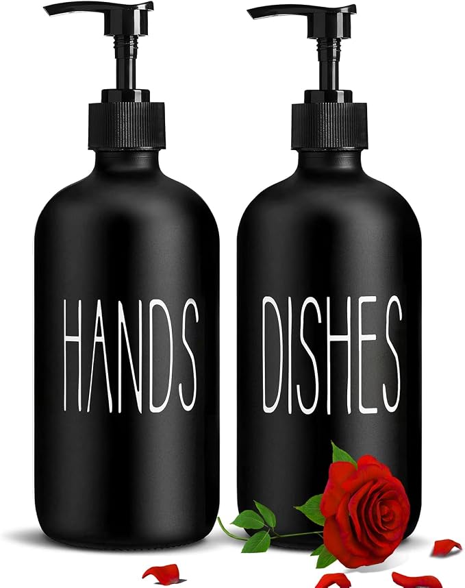 COHOSEGE Glass Soap Dispenser Set 2 Pack,Contains Hand and Dish Soap Dispenser.Premium 16 Oz Black Kitchen Soap Dispenser Set for Kitchen Sink and Farmhouse Decor